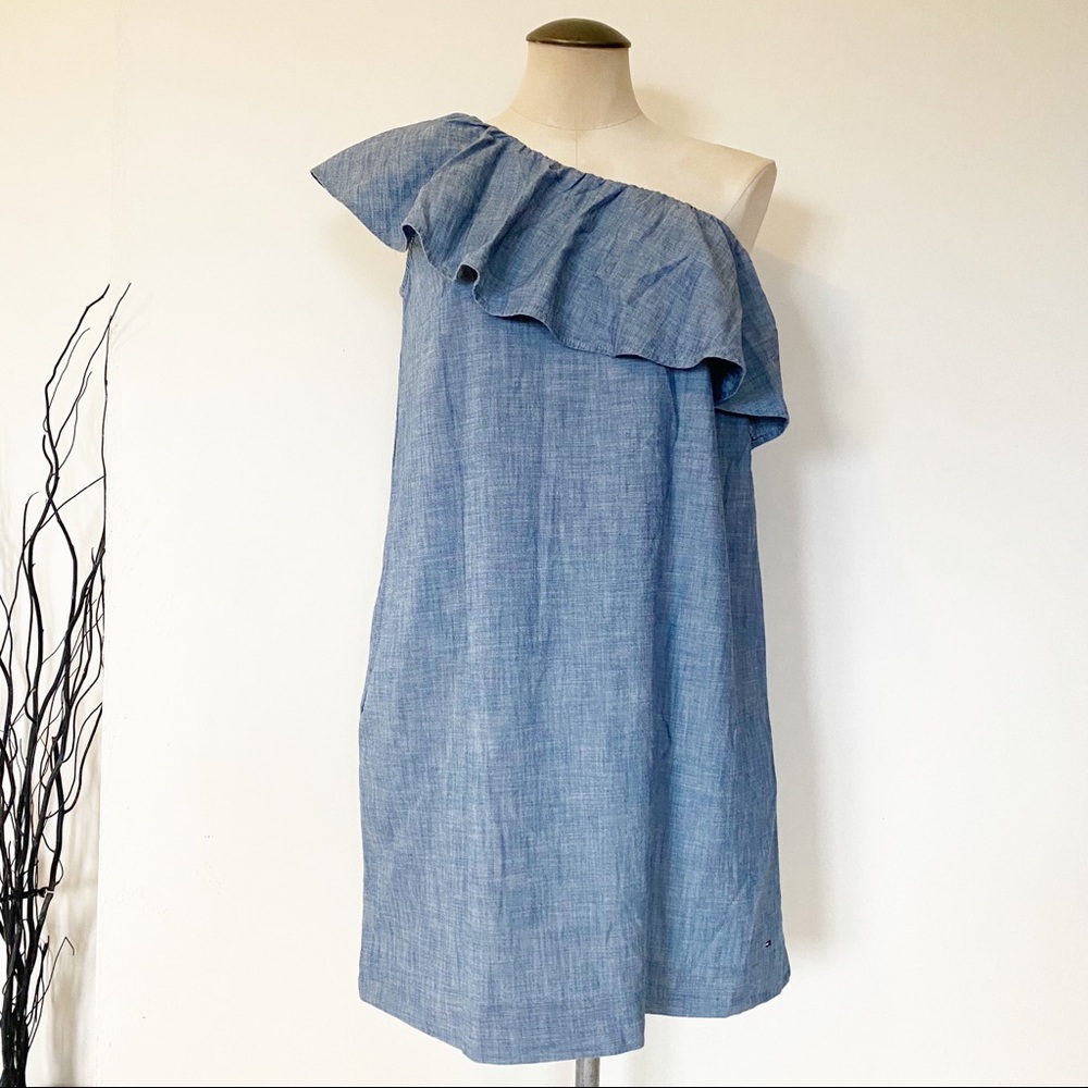 TOMMY HILFIGER One Shoulder Ruffle Denim Dress BRND NEW size m